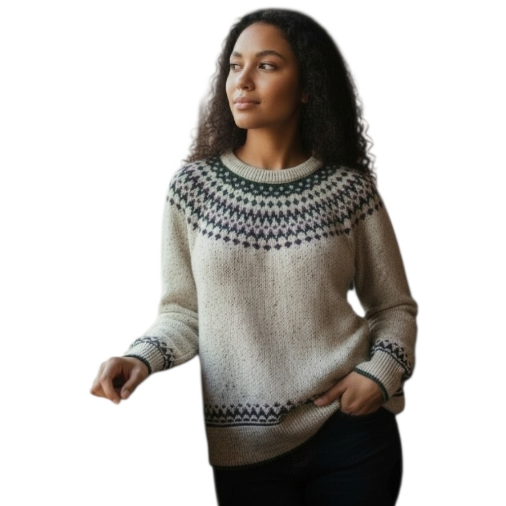 Vintage Northern Reflections Cream Green Burgundy Wool Cotton Fair Isle Sweater
